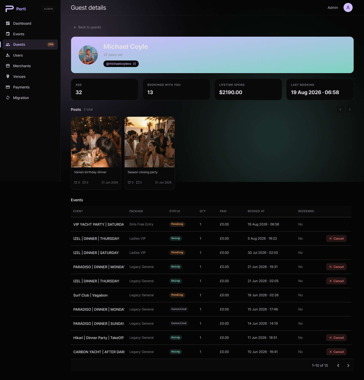 Portl customer profile showing booking history and lifetime spend